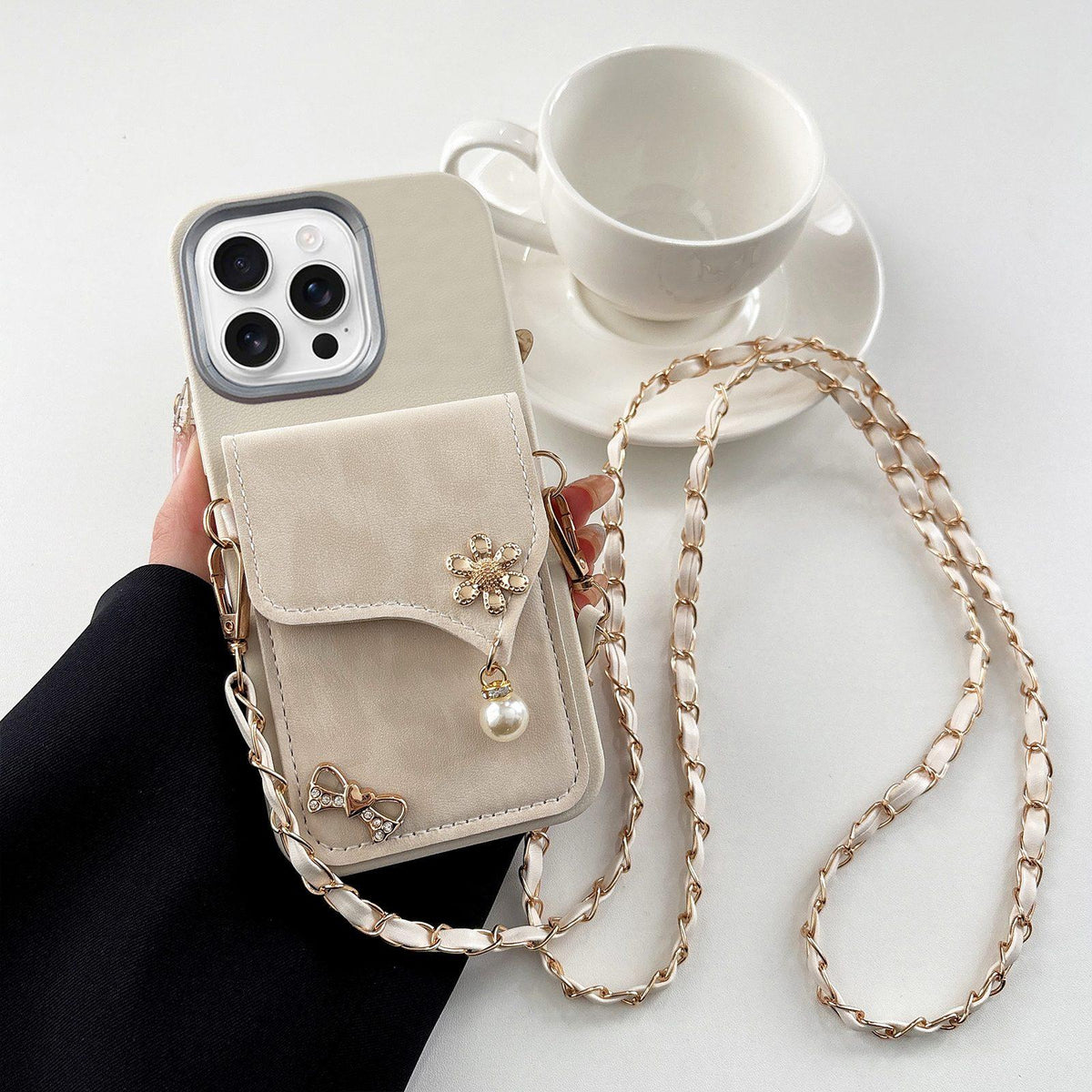 For iPhone 16 Pro Max Leather Leopard Print Card Bag Phone Case with Crossbody Chain - Apricot - EDA010066407E