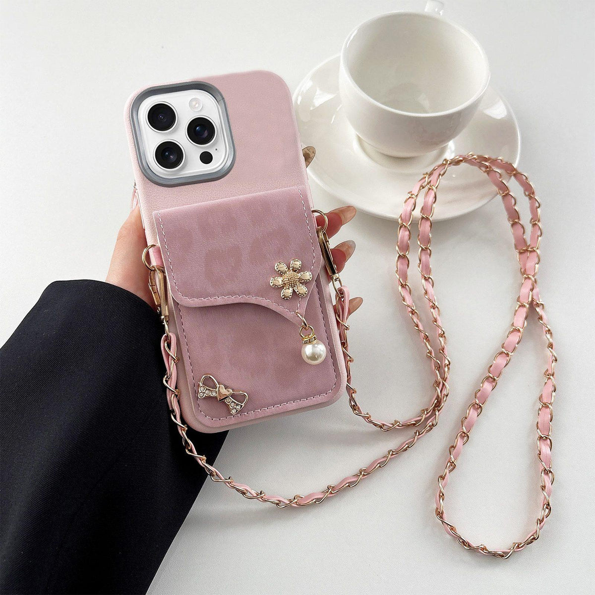 For iPhone 16 Pro Leather Leopard Print Card Bag Phone Case with Crossbody Chain - Pink - EDA010066408A