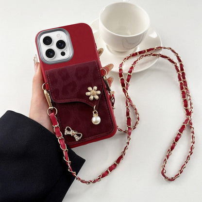 For iPhone 16 Pro Leather Leopard Print Card Bag Phone Case with Crossbody Chain - Red - EDA010066408B