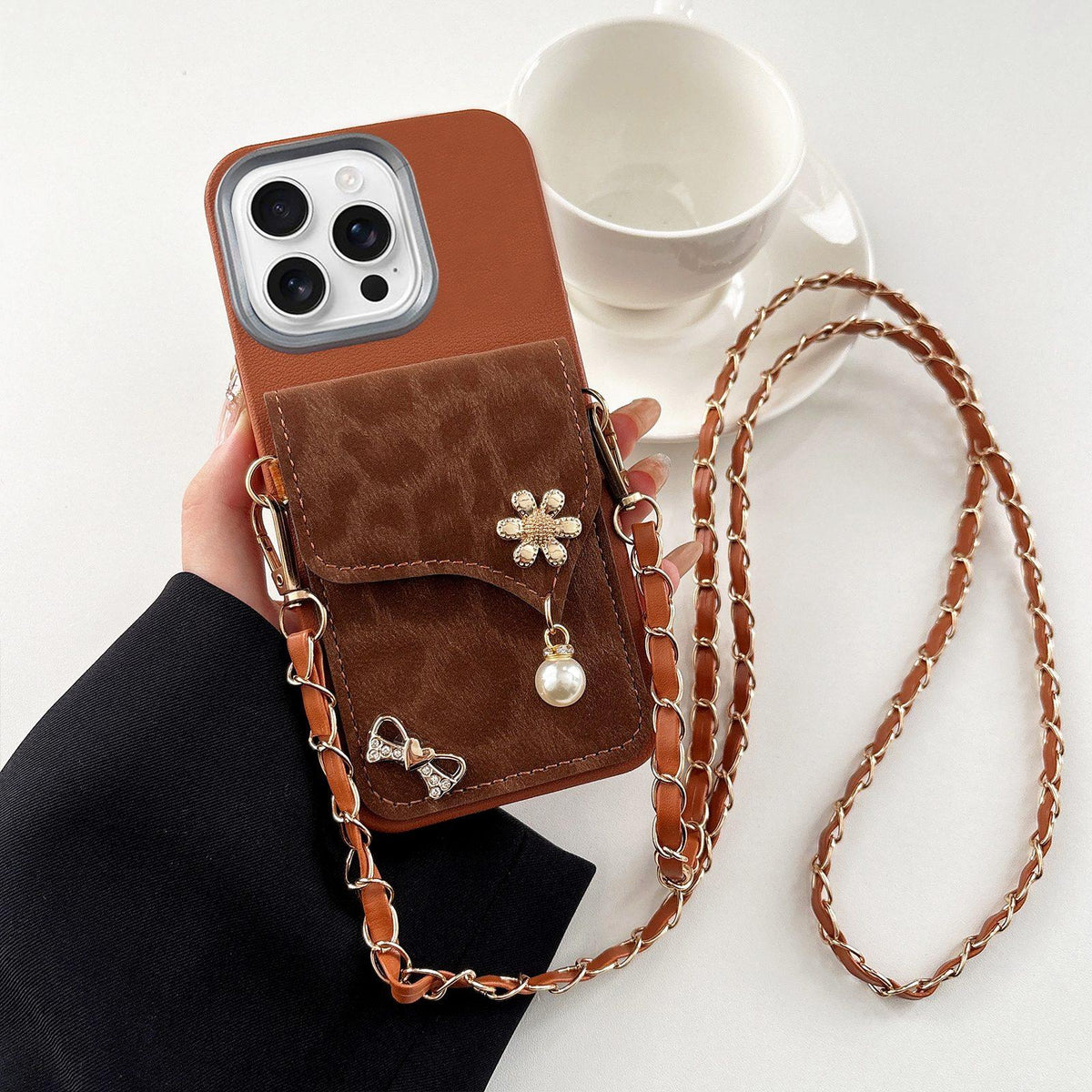 For iPhone 16 Pro Leather Leopard Print Card Bag Phone Case with Crossbody Chain - Brown - EDA010066408C