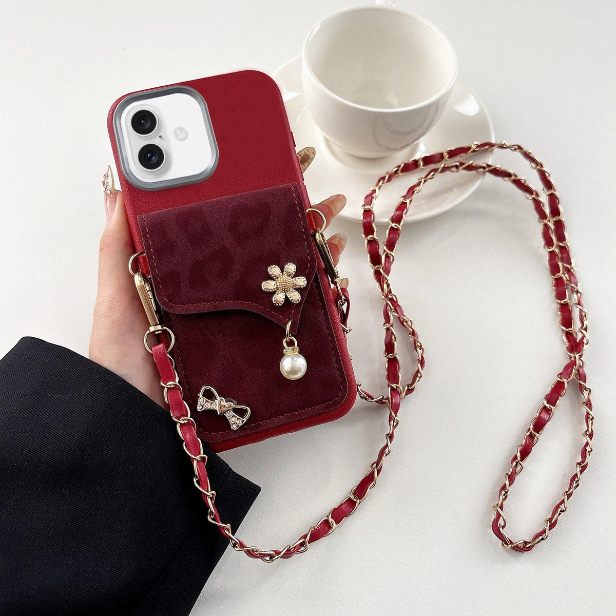 For iPhone 16 Plus Leather Leopard Print Card Bag Phone Case with Crossbody Chain - Red - EDA010066409B