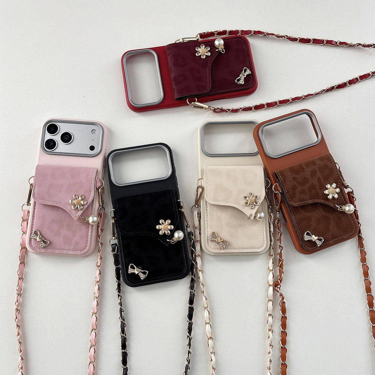 For iPhone 18 Pro Leather Leopard Print Card Bag Phone Case with Crossbody Chain - Pink - EDA010066402A