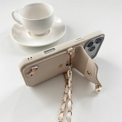 For iPhone 18 Pro Leather Leopard Print Card Bag Phone Case with Crossbody Chain - Pink - EDA010066402A