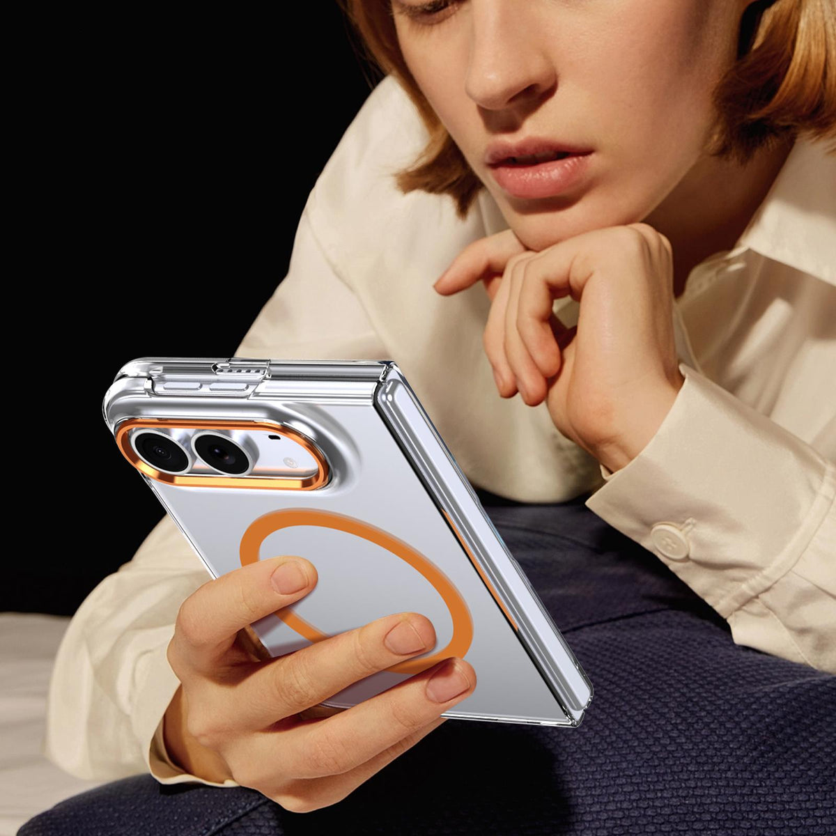 For iPhone Duo lce Folding Series MagSafe Integrated Clear PC Phone Case - Orange - EDA010070201B