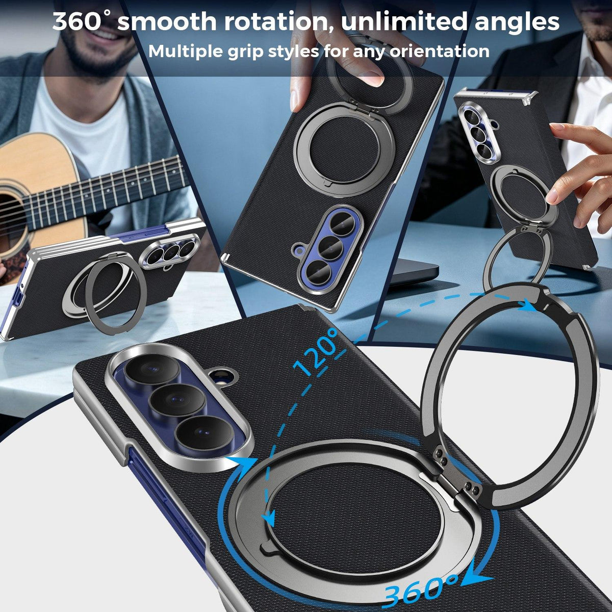 For Galaxy Z Fold5 5G KASHI Electroplated Dual-Hinge 360 Rotation Magnetic Holder Phone Case - Black - EDA010078405A