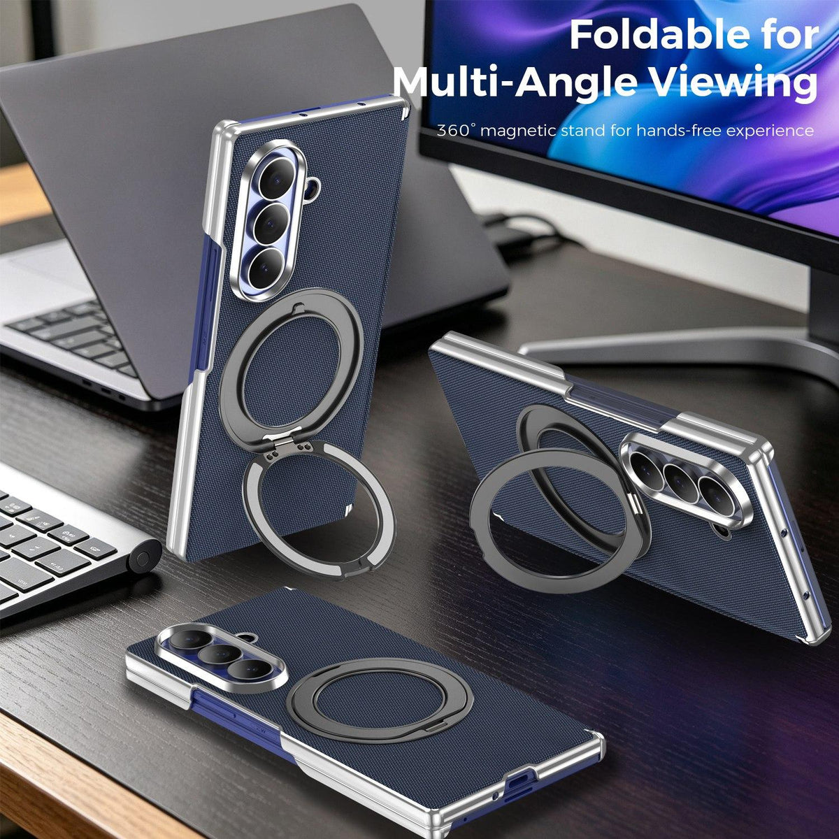 For Galaxy Z Fold5 5G KASHI Electroplated Dual-Hinge 360 Rotation Magnetic Holder Phone Case - Royal Blue - EDA010078405B