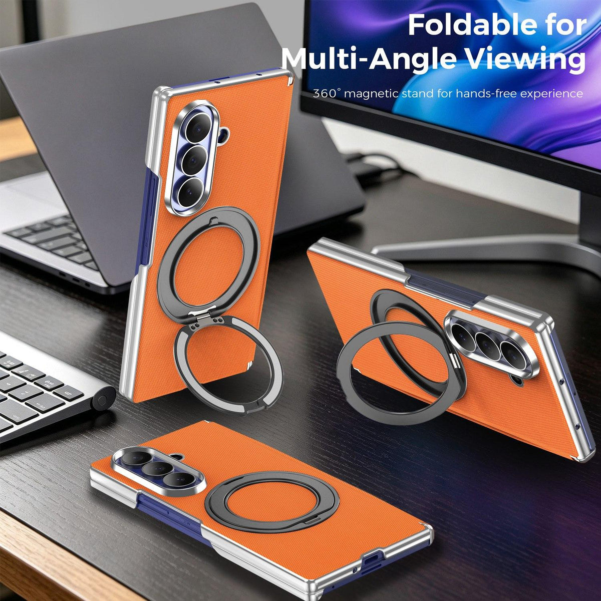 For Galaxy Z Fold5 5G KASHI Electroplated Dual-Hinge 360 Rotation Magnetic Holder Phone Case - Orange - EDA010078405D