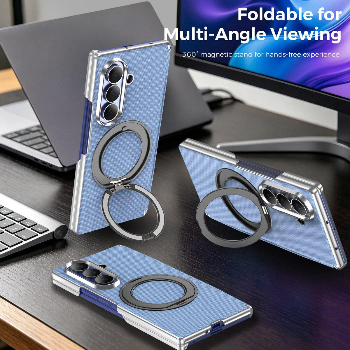 For Galaxy Z Fold5 5G KASHI Electroplated Dual-Hinge 360 Rotation Magnetic Holder Phone Case - Sierra Blue - EDA010078405F