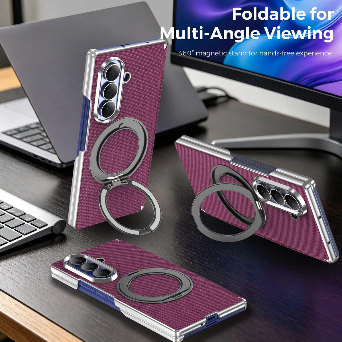 For Galaxy Z Fold5 5G KASHI Electroplated Dual-Hinge 360 Rotation Magnetic Holder Phone Case - Cherry Red - EDA010078405G