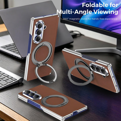 For Galaxy Z Fold5 5G KASHI Electroplated Dual-Hinge 360 Rotation Magnetic Holder Phone Case - Brown - EDA010078405H