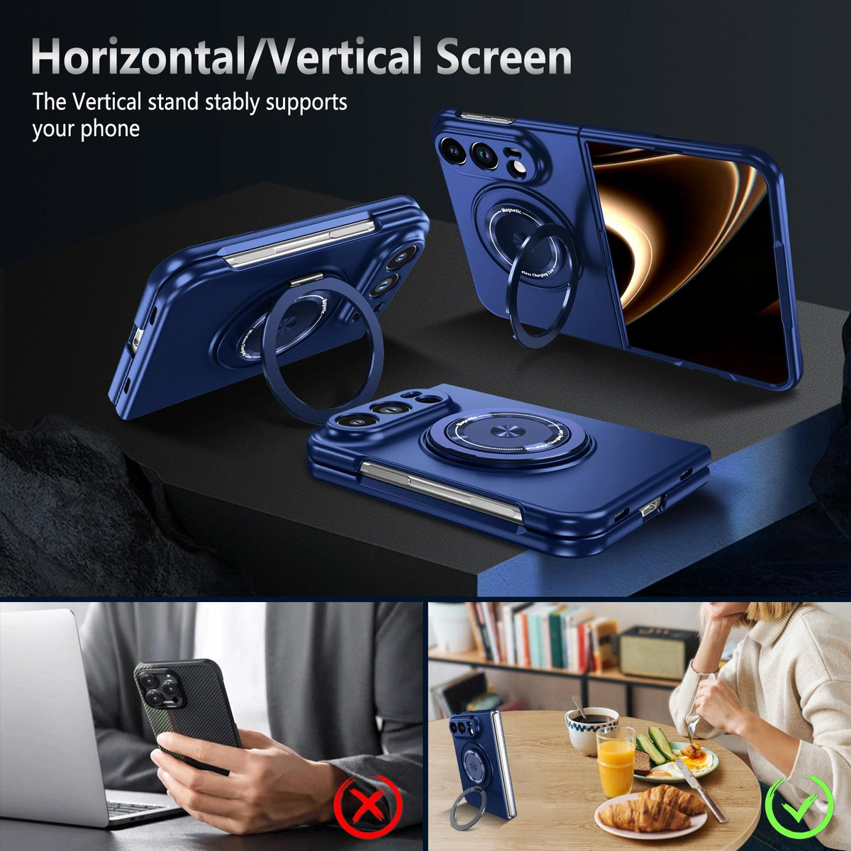 For iPhone Duo Rotation Holder Foldable Magnetic PC Phone Case - Royal Blue - EDA010078901A
