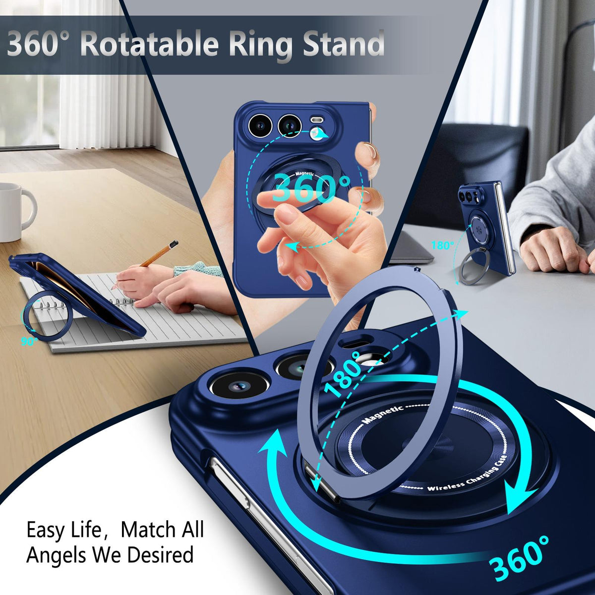 For iPhone Duo Rotation Holder Foldable Magnetic PC Phone Case - Royal Blue - EDA010078901A