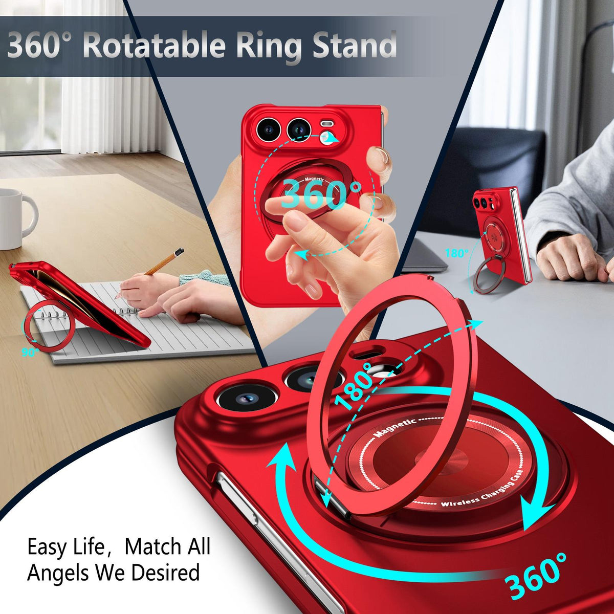 For iPhone Duo Rotation Holder Foldable Magnetic PC Phone Case - Red - EDA010078901D