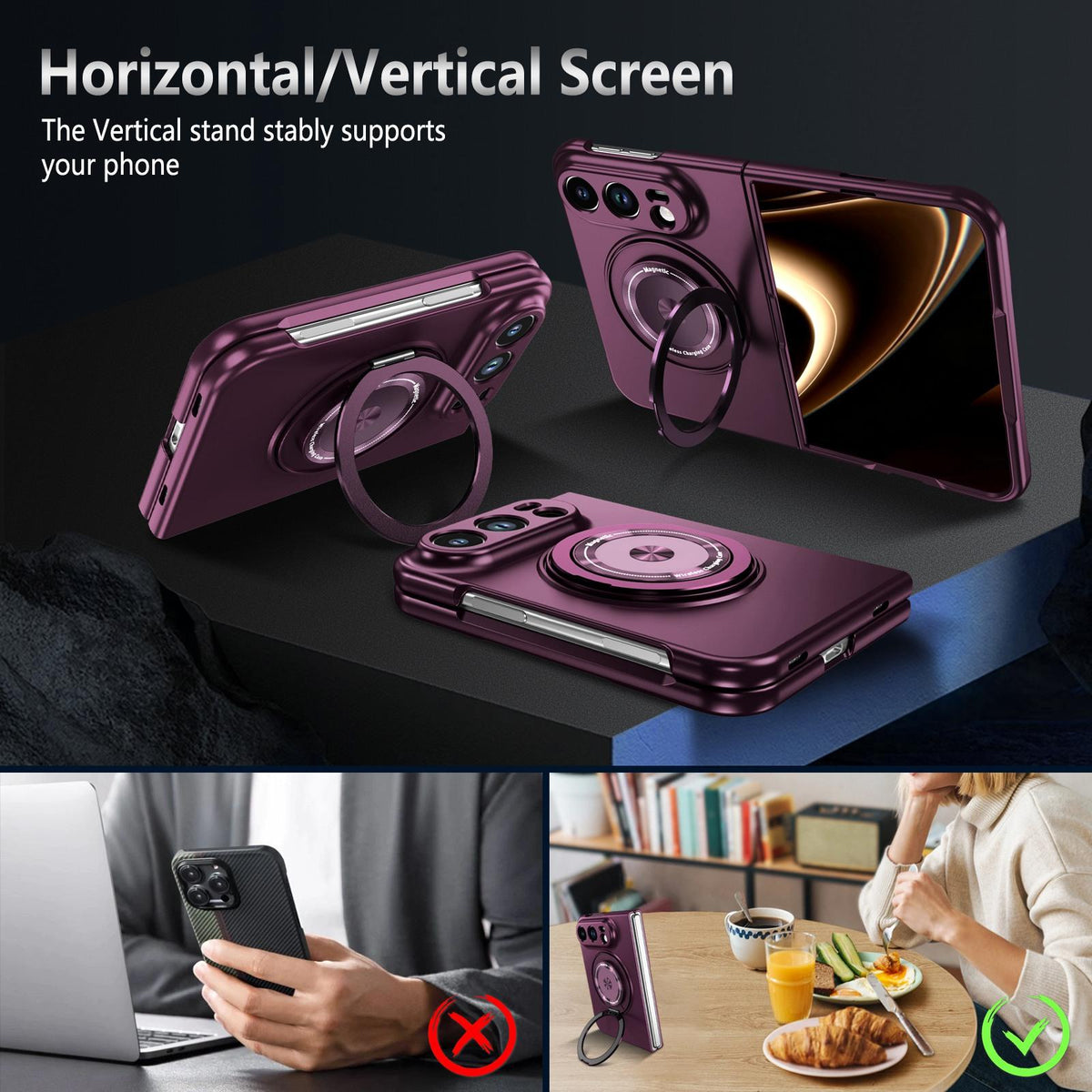 For iPhone Duo Rotation Holder Foldable Magnetic PC Phone Case - Wine Red - EDA010078901E