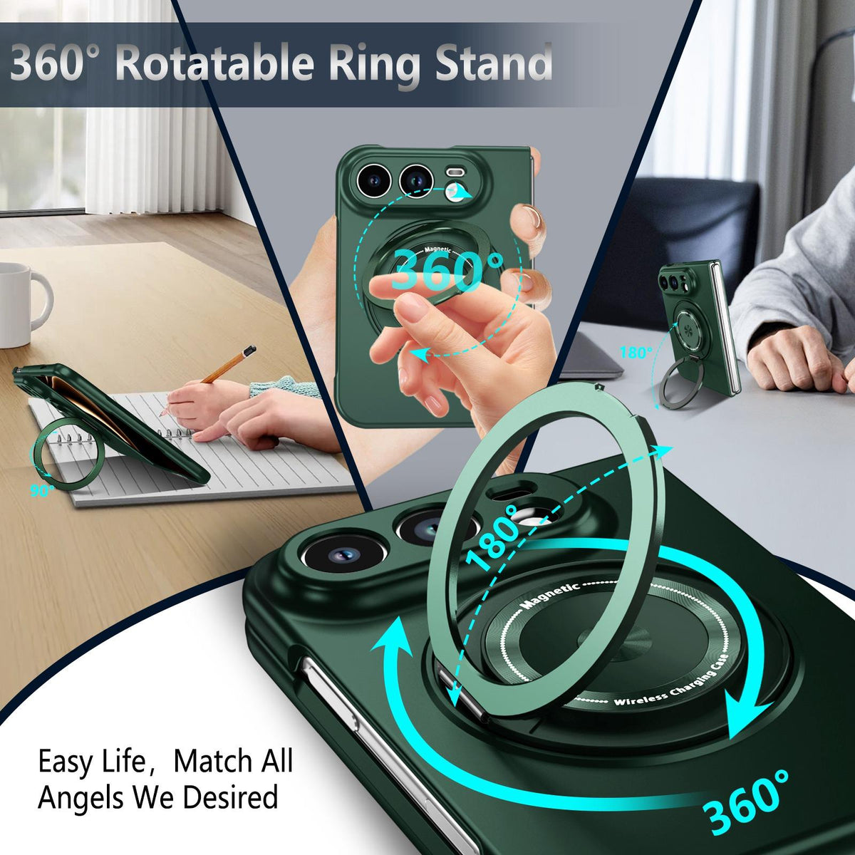 For iPhone Duo Rotation Holder Foldable Magnetic PC Phone Case - Deep Green - EDA010078901F