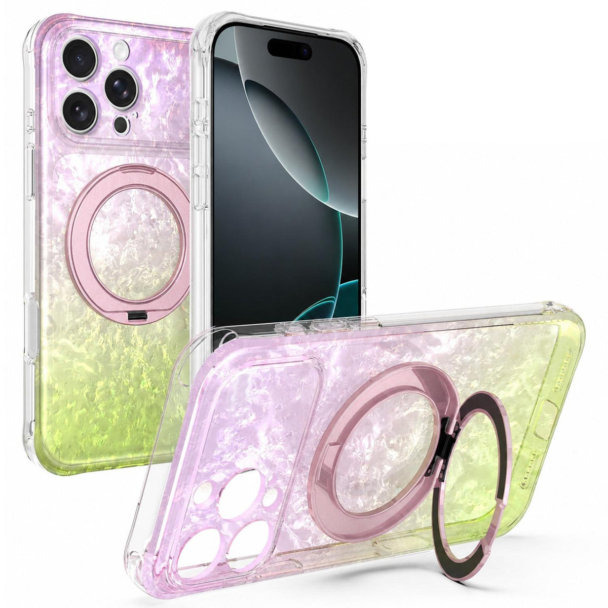 For iPhone 16 Pro Ice Shell 360 Magnetic Holder Phone Case - Pink Lemon - EDA010087805C