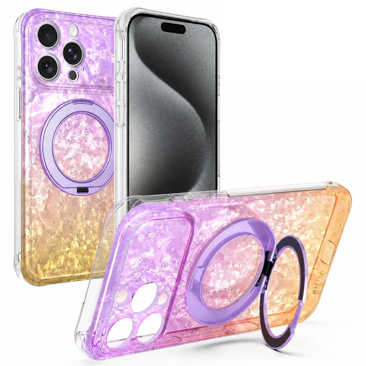 For iPhone 15 Pro Max Ice Shell 360 Magnetic Holder Phone Case - Purple Gold - EDA010087807A