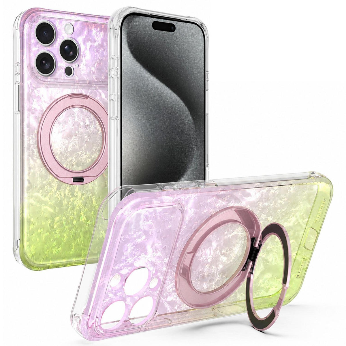 For iPhone 15 Pro Ice Shell 360 Magnetic Holder Phone Case - Pink Lemon - EDA010087808C