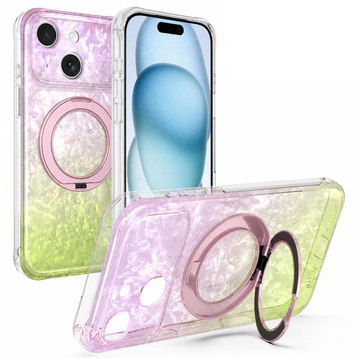 For iPhone 15 Ice Shell 360 Magnetic Holder Phone Case - Pink Lemon - EDA010087809C