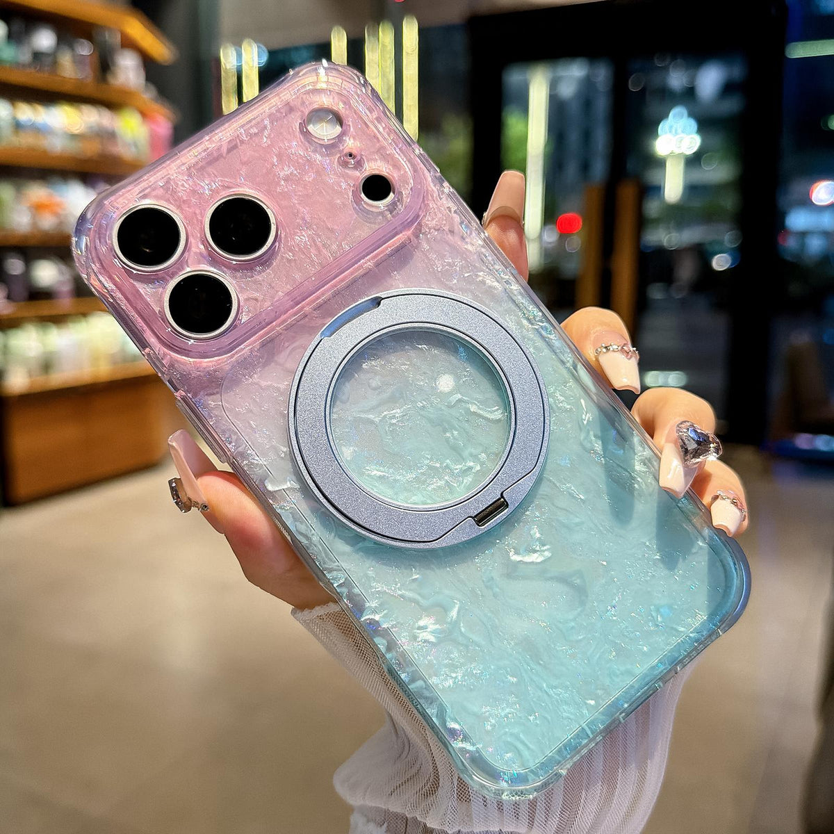 For iPhone 15 Ice Shell 360 Magnetic Holder Phone Case - Blue Purple - EDA010087809D