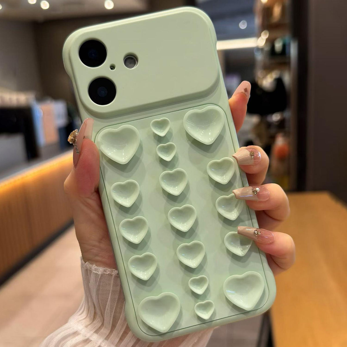 For iPhone 16 Large Window Borderless Love Heart Suction Cup Phone Case - Light Green - EDA010088709E