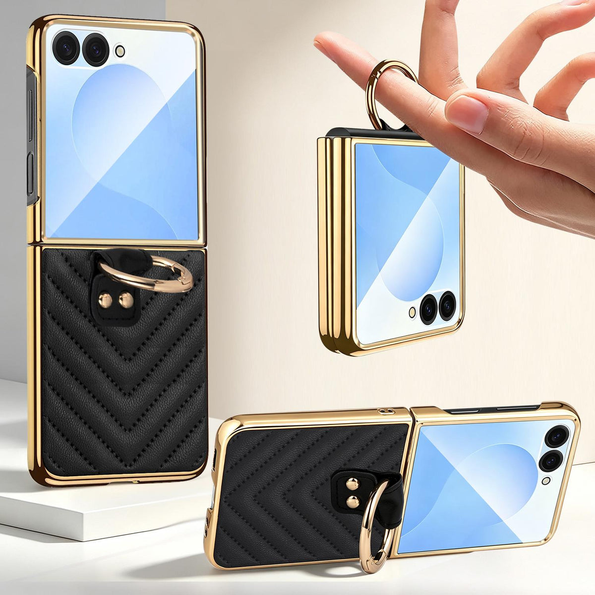 For Galaxy Z Flip8 5G VIETAO Dream Series Metal Ring Leather Phone Case - Black - EDA010099801C