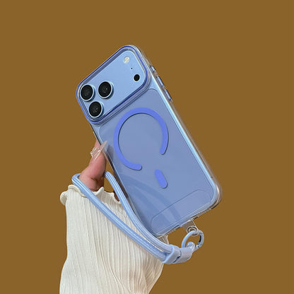 For iPhone 18 Pro Max Question Mark Clear PC Magnetic Phone Case with Lanyard - Business Blue - EDA010100002A