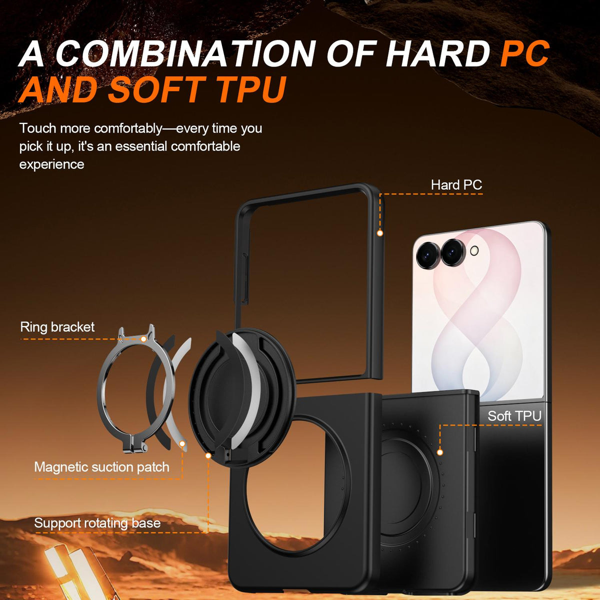 For Galaxy Z Flip8 5G 360 Degree Rotating Holder Magnetic Flip Cover Phone Case - Black - EDA010100601A