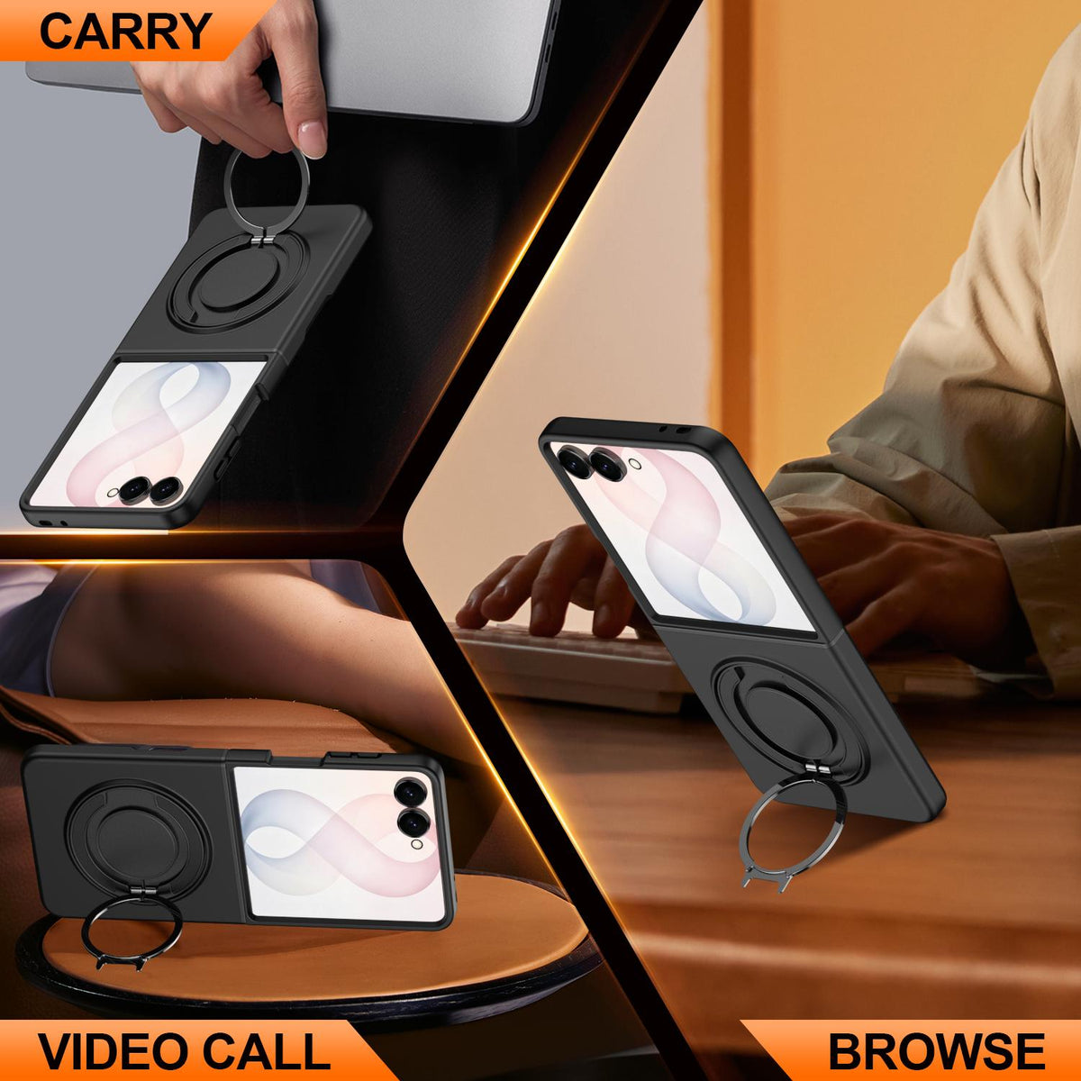 For Galaxy Z Flip8 5G 360 Degree Rotating Holder Magnetic Flip Cover Phone Case - Black - EDA010100601A