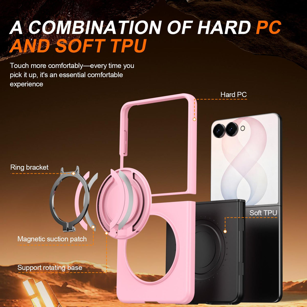 For Galaxy Z Flip8 5G 360 Degree Rotating Holder Magnetic Flip Cover Phone Case - Pink - EDA010100601E