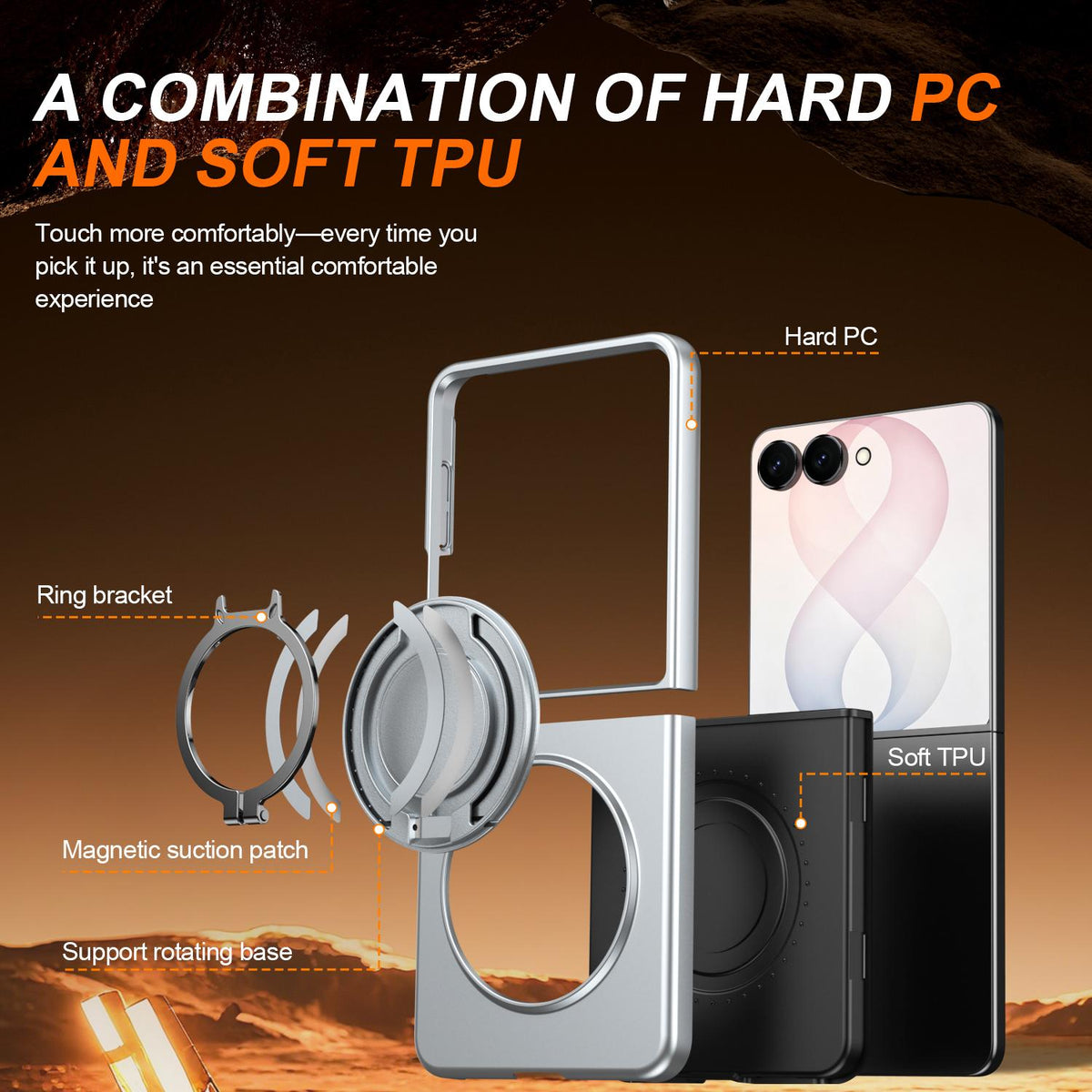 For Galaxy Z Flip8 5G 360 Degree Rotating Holder Magnetic Flip Cover Phone Case - Silver - EDA010100601G