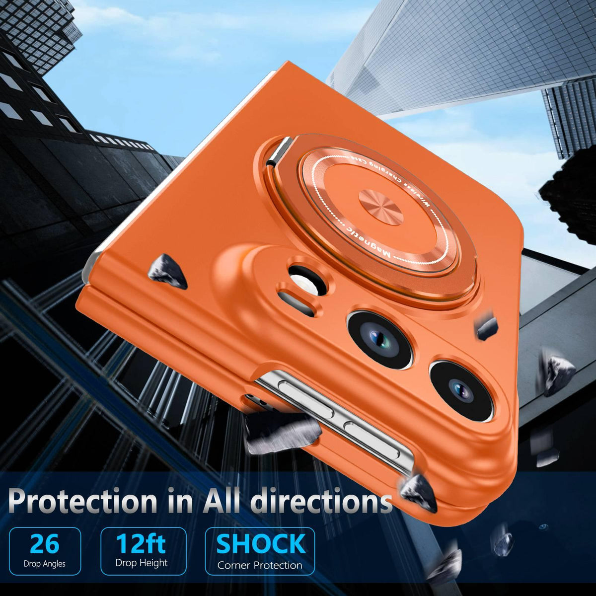 For iPhone Duo 360 Rotation Ring Holder MagSafe Shockproof PC Phone Case - Orange - EDA010101201B
