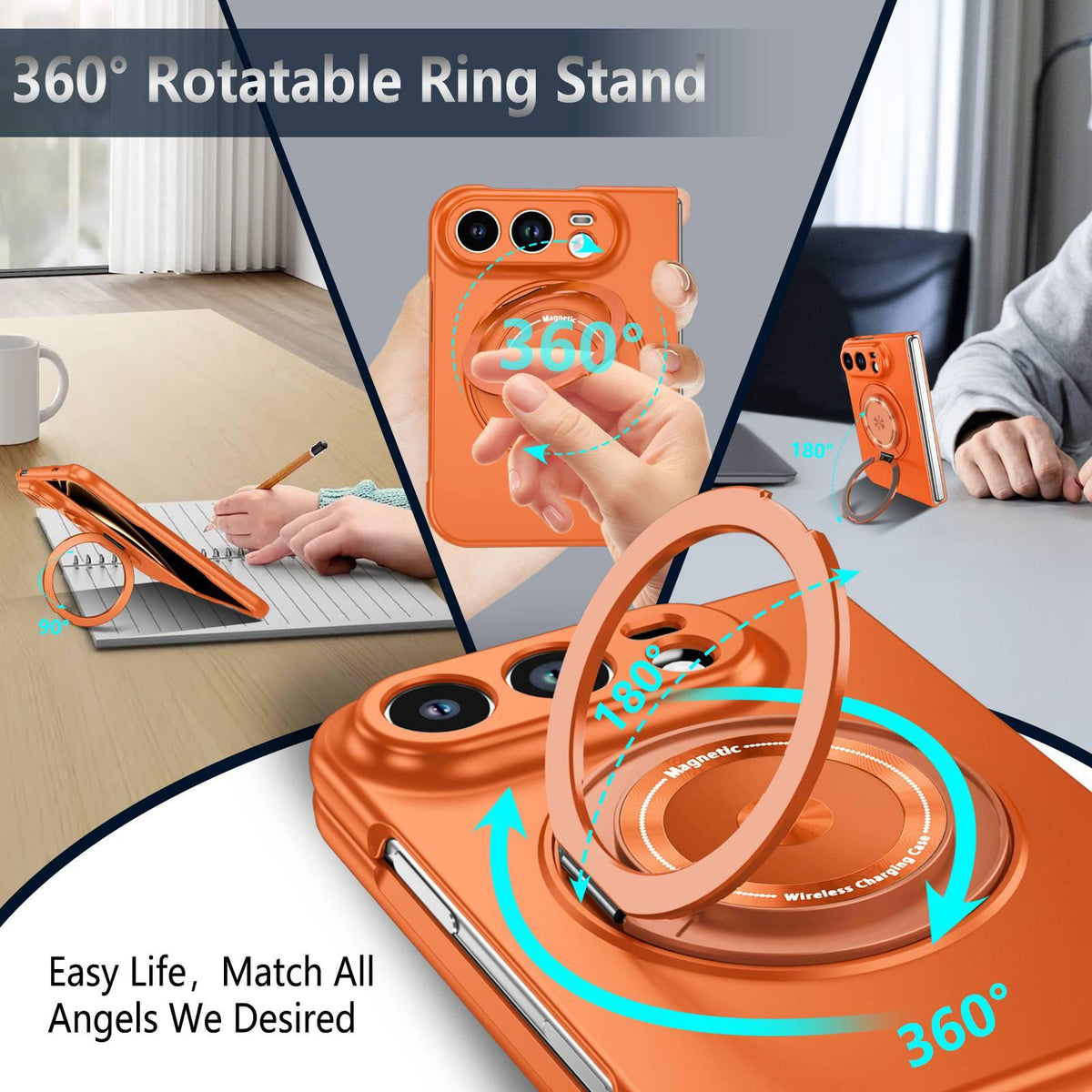 For iPhone Duo 360 Rotation Ring Holder MagSafe Shockproof PC Phone Case - Orange - EDA010101201B