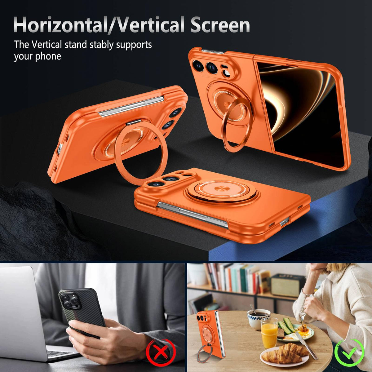 For iPhone Duo 360 Rotation Ring Holder MagSafe Shockproof PC Phone Case - Orange - EDA010101201B