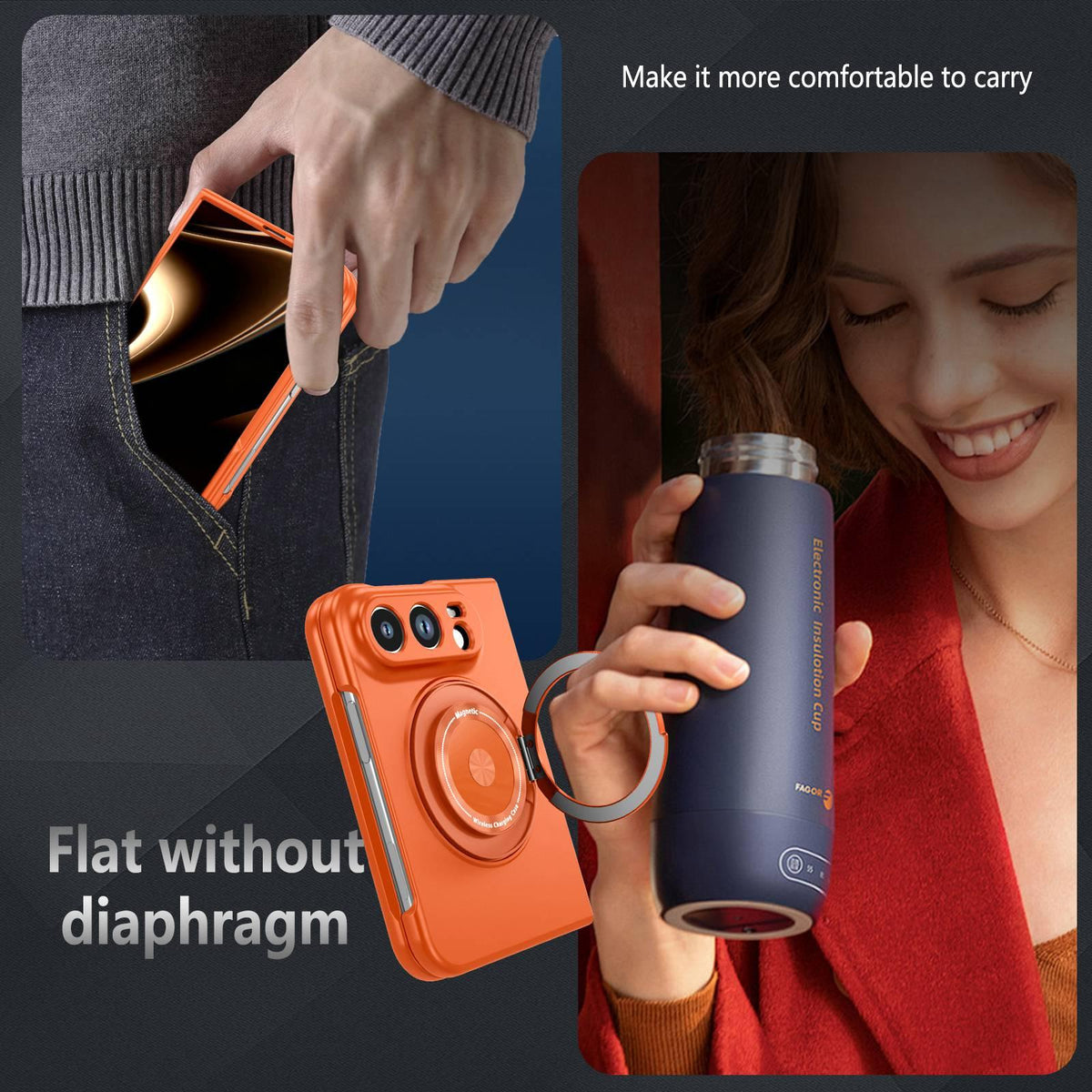 For iPhone Duo 360 Rotation Ring Holder MagSafe Shockproof PC Phone Case - Orange - EDA010101201B