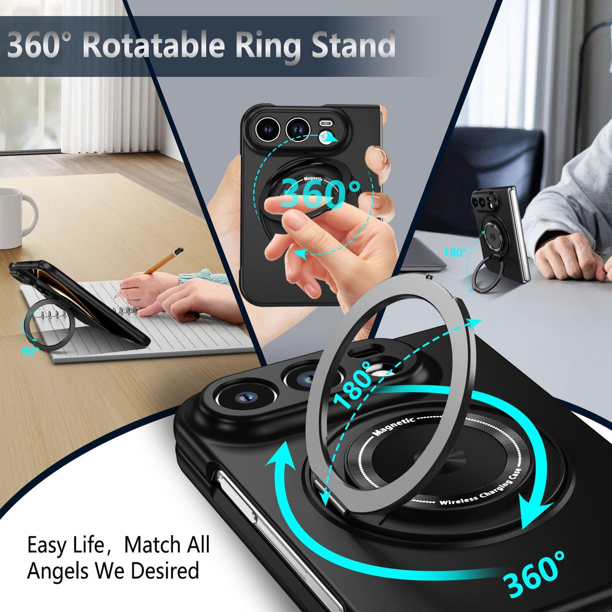 For iPhone Duo 360 Rotation Ring Holder MagSafe Shockproof PC Phone Case - Black - EDA010101201C