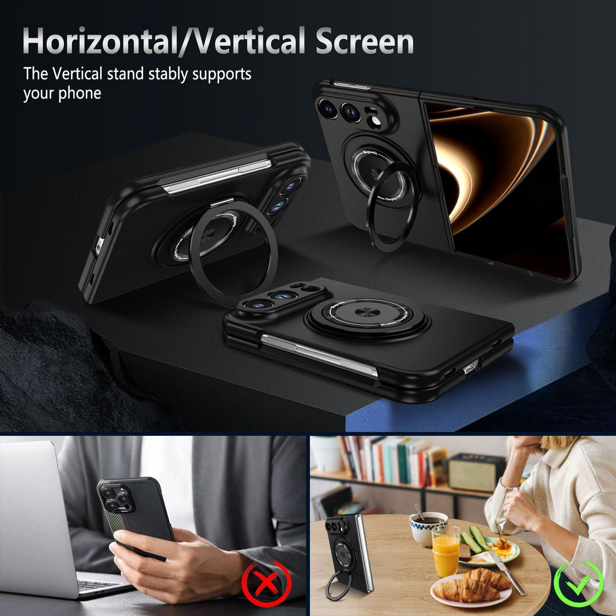 For iPhone Duo 360 Rotation Ring Holder MagSafe Shockproof PC Phone Case - Black - EDA010101201C
