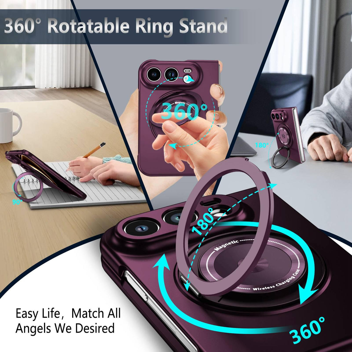 For iPhone Duo 360 Rotation Ring Holder MagSafe Shockproof PC Phone Case - Wine red - EDA010101201E