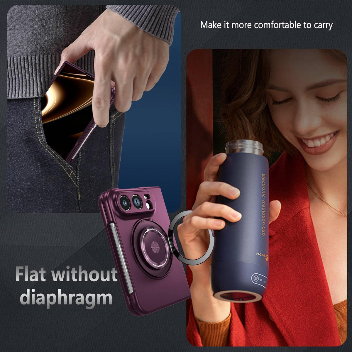For iPhone Duo 360 Rotation Ring Holder MagSafe Shockproof PC Phone Case - Wine red - EDA010101201E