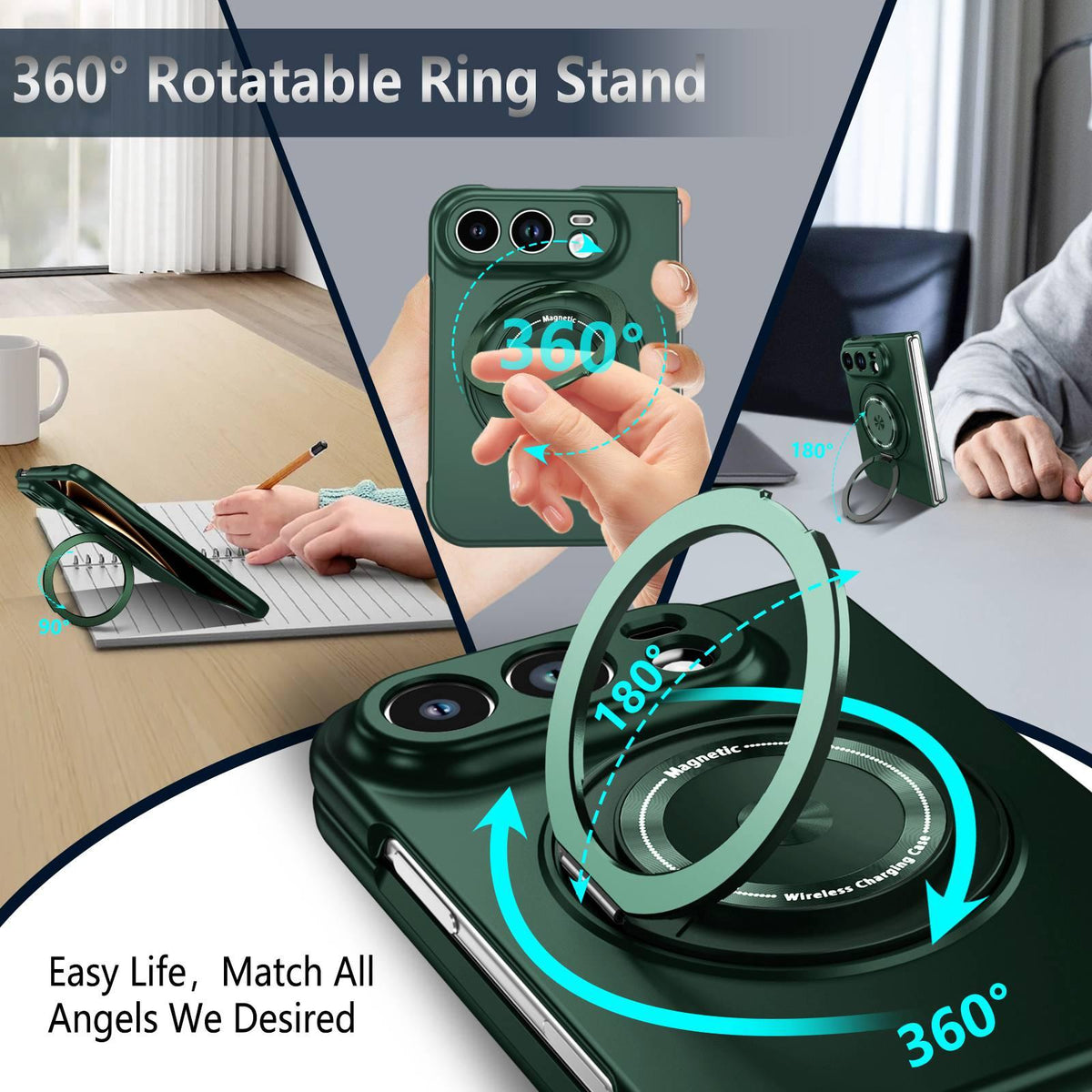 For iPhone Duo 360 Rotation Ring Holder MagSafe Shockproof PC Phone Case - Dark green - EDA010101201F