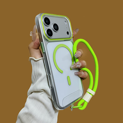 For iPhone 17e / 16e Question Mark Clear PC Magnetic Phone Case with Lanyard - Fluorescent Green - EDA010101901B