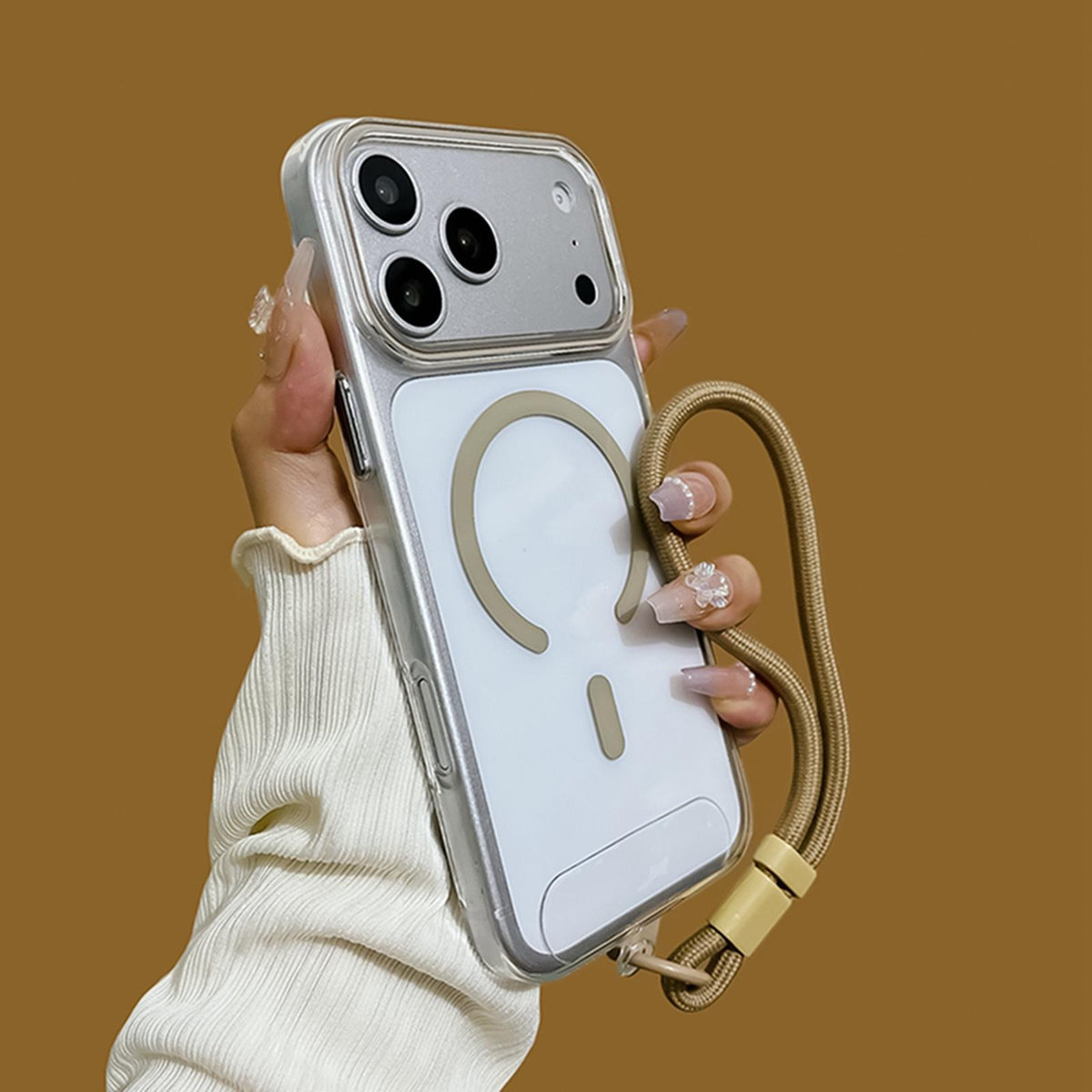 For iPhone 17 Pro Max Question Mark Clear PC Magnetic Phone Case with Lanyard - Desert Gold - EDA010101902D