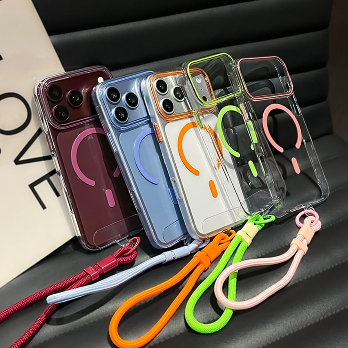 For iPhone 15 Pro Max Question Mark Clear PC Magnetic Phone Case with Lanyard - Stellar Orange - EDA010101910F