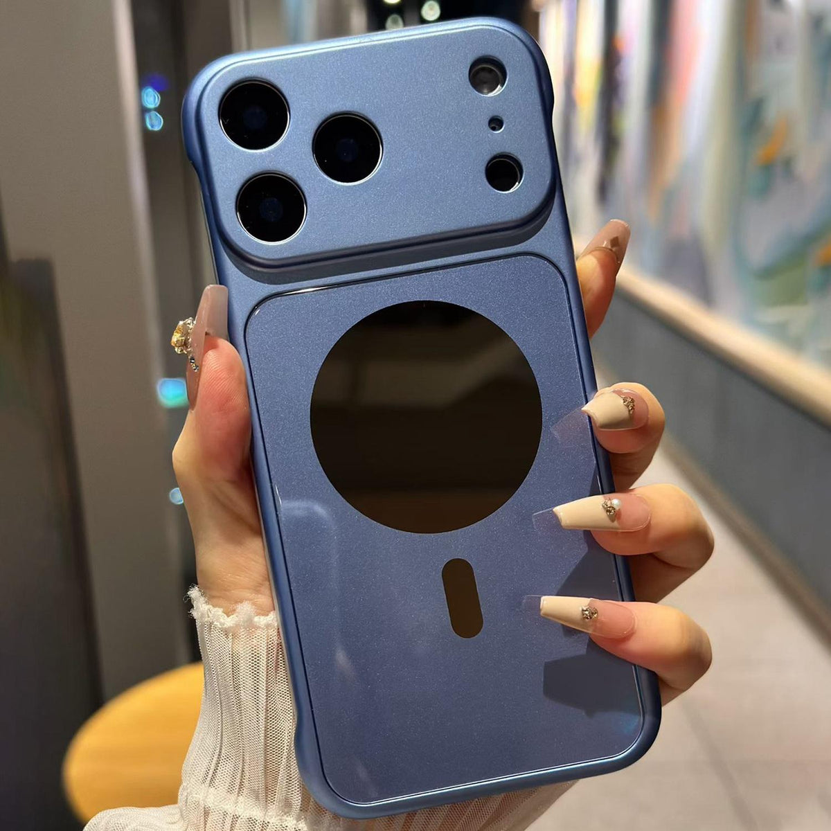 For iPhone 17 Pro Max Large Window Borderless Mirror Magnetic Phone Case - Light Blue - EDA010108701E