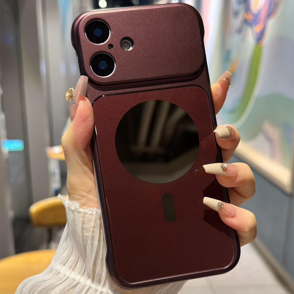 For iPhone 17 Large Window Borderless Mirror Magnetic Phone Case - Cherry Red - EDA010108703A