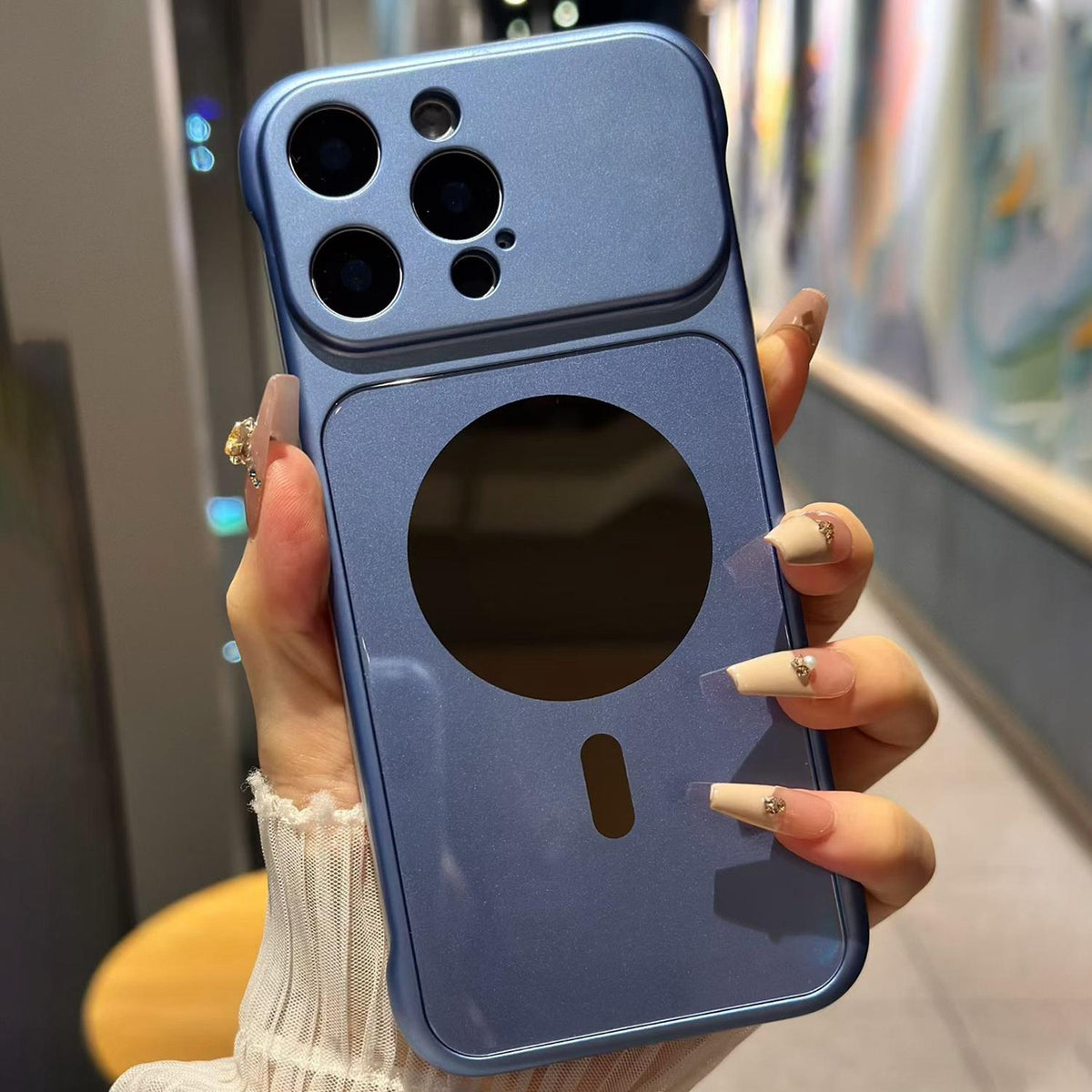 For iPhone 16 Pro Max Large Window Borderless Mirror Magnetic Phone Case - Light Blue - EDA010108704E