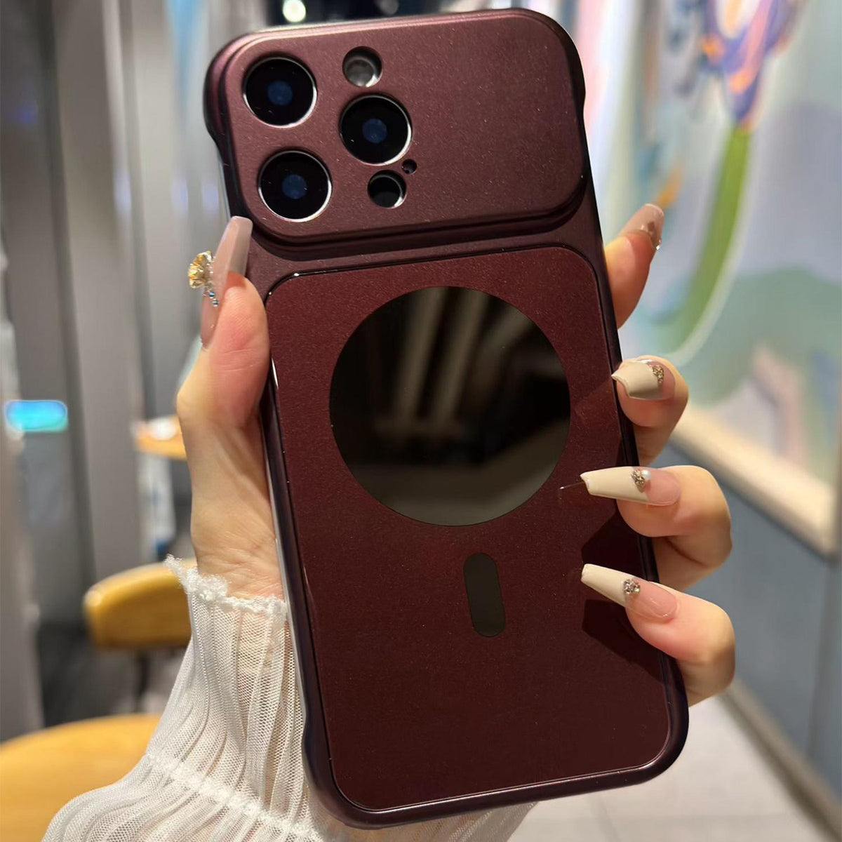For iPhone 16 Pro Large Window Borderless Mirror Magnetic Phone Case - Cherry Red - EDA010108705A