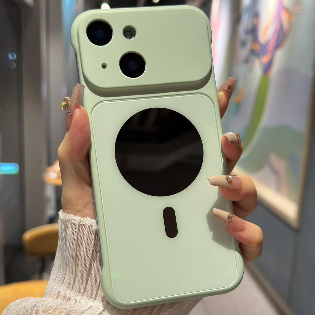 For iPhone 15 Large Window Borderless Mirror Magnetic Phone Case - Light Green - EDA010108709F