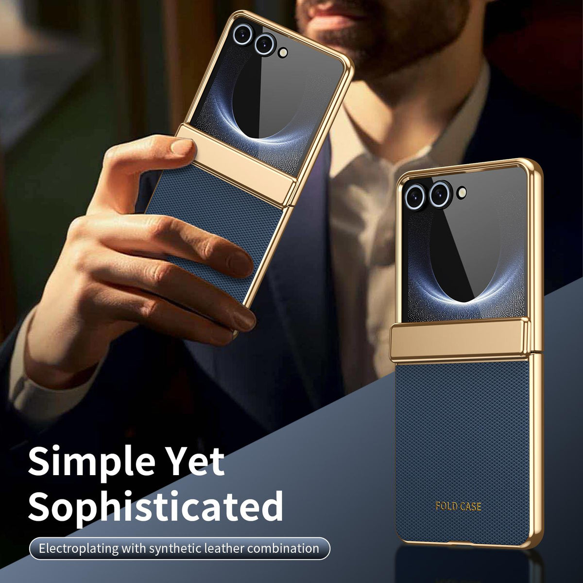For Galaxy Z Flip8 5G Electroplated PC Fold Shockproof Vegan Leather Phone Case - Blue - EDA010120003A