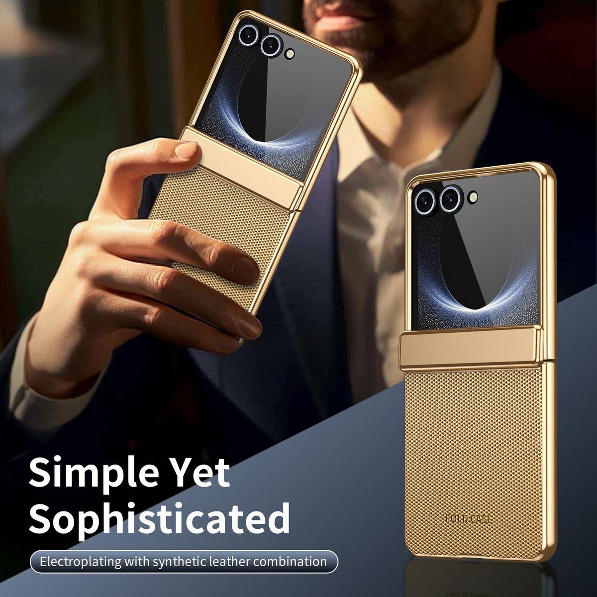 For Galaxy Z Flip8 5G Electroplated PC Fold Shockproof Vegan Leather Phone Case - Gold - EDA010120003B